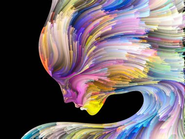 Yüz renk serisi. İnsan profili ve projelerde yaratıcılık, tasarım, iç dünya, içgüdü ve sanatsal ruhu için boya hareketli renkli çizgiler bileşimi