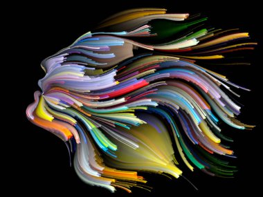 Yüz renk serisi. Arka plan kompozisyon insan profili ve yaratıcılık, tasarım, iç dünya, içgüdü ve sanatsal ruh konusunda boya hareketli renkli çizgiler