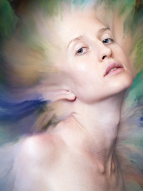 Dünya serisi. Kadın portresinin arka plan tasarımı duygular, duygular, iç dünya, yaratıcılık ve hayal gücü üzerine canlı boyalar ile kaynaştırılmış.