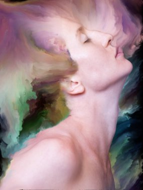 Dünya serisi. Duygular, duygular, iç dünya, yaratıcılık ve hayal gücü konularında kadın portresiyle birleştirilmiş soyut tasarım.