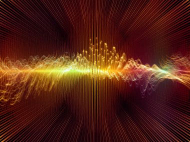 Dalga Fonksiyonu serisi. Ses eşitleyici, müzik spektrumu ve kuantum olasılığı üzerine renkli sinüs titreşimleri, ışık ve fraktal elementlerin arkaplanı