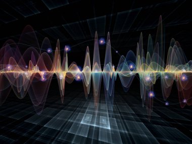 Dalga Fonksiyonu serisi. Ses eşitleyici, müzik spektrumu ve kuantum olasılığı üzerine tasarımınızı tamamlamak için renkli sinüs titreşimleri, ışık ve fraktal elementlerin arkaplanı