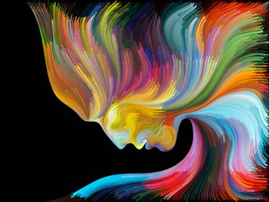 Yüz renk serisi. İnsan profili ve yaratıcılık, tasarım, iç dünya, içgüdü ve sanatsal ruh konusunda boya hareketli renkli çizgiler bileşimi