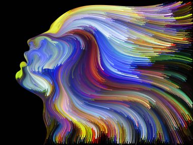 Yüz renk serisi. İnsan profili ve yaratıcılık, tasarım, iç dünya, içgüdü ve sanatsal ruh konusunda boya hareketli renkli çizgiler soyut tasarım yapılmış