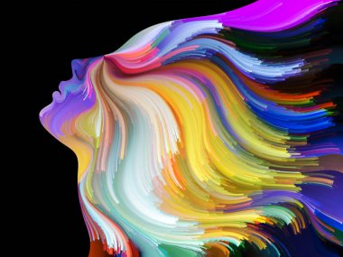 Yüz renk serisi. Sanatsal soyutlama insan profili ve yaratıcılık, tasarım, iç dünya, içgüdü ve sanatsal ruh konusunda boya hareketli renkli çizgiler oluşur