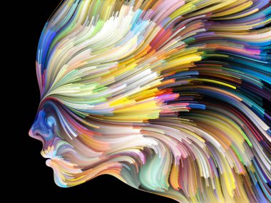 Yüz renk serisi. İnsan profili ve yaratıcılık, tasarım, iç dünya, içgüdü ve sanatsal ruh konusunda boya hareketli renkli çizgiler bileşimi