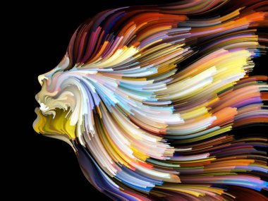 Yüz renk serisi. İnsan profili ve yaratıcılık, tasarım, iç dünya, içgüdü ve sanatsal ruh konusunda boya hareketli renkli çizgiler