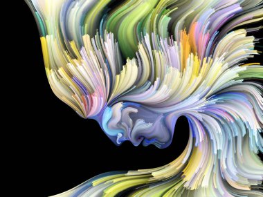 Yüz renk serisi. Arka plan tasarım insan profili ve yaratıcılık, tasarım, iç dünya, içgüdü ve sanatsal ruh konusunda boya hareketli renkli çizgiler