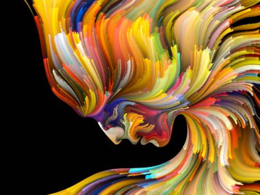 Yüz renk serisi. İnsan profili ve yaratıcılık, tasarım, iç dünya, içgüdü ve sanatsal ruhu boya mecazi ilişki ile hareketli renkli çizgiler bileşimi