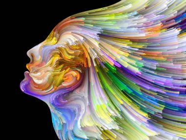 Yüz renk serisi. Zemin tasarımı insan profili ve boya işleri yaratıcılık, tasarım, iç dünya, insan doğası ve sanatsal ruhu için hareketli renkli çizgiler