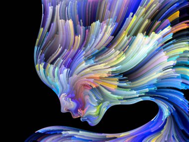 Yüz renk serisi. İnsan profili ve projelerde yaratıcılık, tasarım, iç dünya, içgüdü ve sanatsal ruhu için boya hareketli renkli çizgiler bileşimi