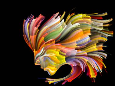 Yüz renk serisi. İnsan profili ve boya konu yaratıcılık, tasarım, iç dünya, insan doğası ve sanatsal ruhu için hareketli renkli çizgiler yaratıcı düzenleme