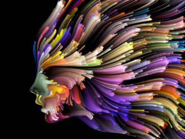 Yüz renk serisi. İnsan profili ve yaratıcılık, tasarım, iç dünya, içgüdü ve sanatsal ruh konusunda boya hareketli renkli çizgiler soyut tasarım yapılmış