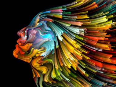 Yüz renk serisi. Zemin insan profili ve yaratıcılık, tasarım, iç dünya, içgüdü ve sanatsal ruh konusunda boya hareketli renkli çizgiler