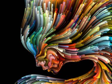 Yüz renk serisi. Zemin insan profili ve yaratıcılık, tasarım, iç dünya, insan doğası ve sanatsal ruhu projelerinde kullanmak için boya hareketli renkli çizgiler oluşur