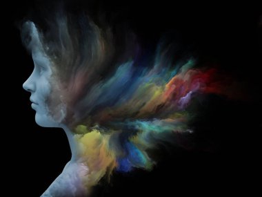 Sis serisi için sorun. Fraktal boya iç dünyası, hayalleri, duygu, yaratıcılık, hayal gücü ve insan aklının konu ile insan yüzü 3D render morphed