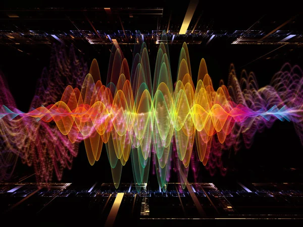 Wave Function series. Design composed of colored sine vibrations, light and fractal elements as a metaphor on the subject of sound equalizer, music spectrum and  quantum probability