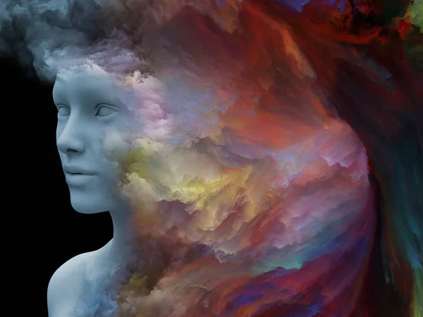 Mind Fog series. 3D rendering of human head morphed with fractal paint on the subject of inner world, dreams, emotions, creativity, imagination and human mind