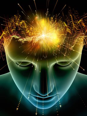 Zihin dizi elemanları. insan kafası ve sembolleri bilim, eğitim ve zihin gücü konusunda teknolojinin 3D çizimi