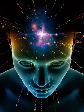 Zihin dizi elemanları. insan kafası ve sembolleri bilim, eğitim ve zihin gücü konusunda teknolojinin 3D çizimi