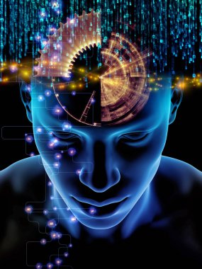 Zihin dizi elemanları. insan kafası ve sembolleri bilim, eğitim ve zihin gücü konusunda teknolojinin 3D çizimi