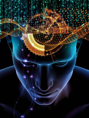 Zihin dizi elemanları. insan kafası ve sembolleri bilim, eğitim ve zihin gücü konusunda teknolojinin 3D çizimi