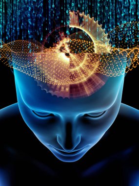 Zihin dizi elemanları. insan kafası ve sembolleri bilim, eğitim ve zihin gücü konusunda teknolojinin 3D çizimi