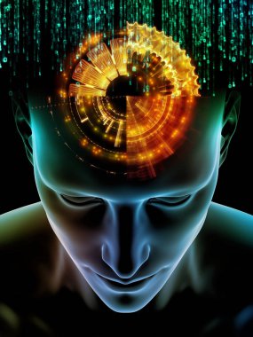 Zihin dizi elemanları. insan kafası ve sembolleri teknoloji konu bilim, eğitim ve zihin gücü için 3D çizimi