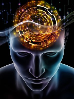 Dalgalar serisi için sorun. İnsan kafası ve bilinç, beyin, akıl ve yapay zeka konusunda teknoloji simgeler 3d çizimi fon