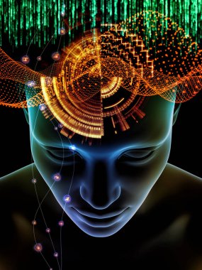 Zihin dizi elemanları. insan kafası ve sembolleri bilim, eğitim ve zihin gücü konusunda teknolojinin 3D çizimi