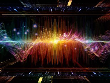 Dalga fonksiyonu serisi. Arka plan tasarımı renkli sinüs titreşimlerin, ses ekolayzer, konu üzerinde öğeleri ışık ve fraktal müzik spektrum ve kuantum olasılık