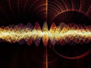 Dalga Fonksiyonu serisi. Ses eşitleyici, müzik spektrumu ve kuantum olasılığı üzerine renkli sinüs titreşimleri, ışık ve fraktal elementlerin arkaplanı