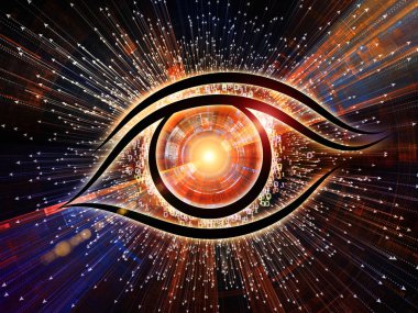 Bilgi serisi gözü. Arka plan tasarımı göz simgesini ve bilim, eğitim ve modern teknoloji konusunda patlama ok