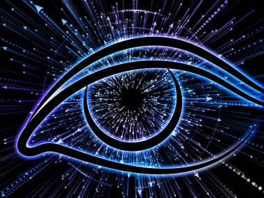 Bilgi serisi gözü. Bilim, eğitim ve modern teknoloji konusunda göz simgesini ve ok patlama