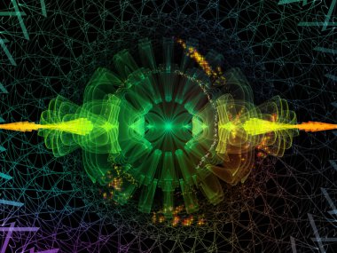 Dalga Fonksiyonu serisi. Ses eşitleyici, müzik spektrumu ve kuantum olasılığı için renkli sinüs titreşimleri, ışık ve fraktal elementlerin grafiksel bileşimi