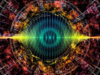 Dalga Fonksiyonu serisi. Ses eşitleyici, müzik spektrumu ve kuantum olasılığı için renkli sinüs titreşimleri, ışık ve fraktal elementlerin grafiksel bileşimi