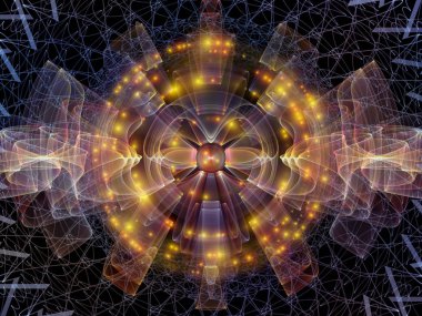 Dalga Fonksiyonu serisi. Ses eşitleyici, müzik spektrumu ve kuantum olasılığı üzerine renkli sinüs titreşimleri, ışık ve fraktal elementlerin arkaplanı