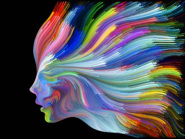 Yüz renk serisi. İnsan profili ve yaratıcılık, tasarım, iç dünya, içgüdü ve sanatsal ruh konusunda boya hareketli renkli çizgiler