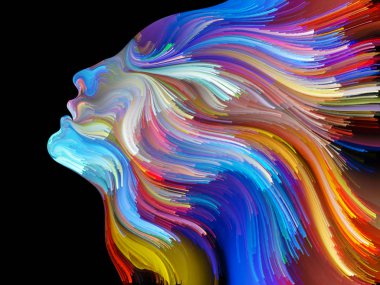 Yüz renk serisi. İnsan profili ve yaratıcılık, tasarım, iç dünya, içgüdü ve sanatsal ruh konusunda boya hareketli renkli çizgiler soyut tasarım yapılmış