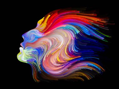 Yüz renk serisi. Arka plan tasarım insan profili ve yaratıcılık, tasarım, iç dünya, içgüdü ve sanatsal ruh konusunda boya hareketli renkli çizgiler