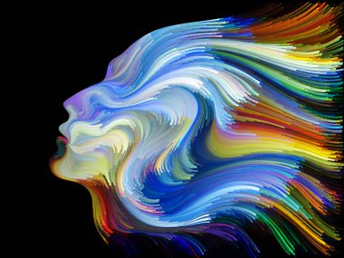 Yüz renk serisi. Tasarım insan profili ve boya bir metafor olarak yaratıcılık, tasarım, iç dünya, içgüdü ve sanatsal ruh konusunda hareketli renkli çizgiler oluşur