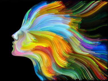 Yüz renk serisi. İnsan profili ve yaratıcılık, tasarım, iç dünya, içgüdü ve sanatsal ruhu projelerde kullanılmak üzere boya hareketli renkli çizgiler arka plan yapılmış