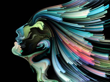 Yüz renk serisi. İnsan profili ve yaratıcılık, tasarım, iç dünya, içgüdü ve sanatsal ruhu projelerde kullanılmak üzere boya hareketli renkli çizgiler arka plan yapılmış