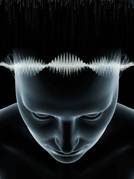 Série Mind Waves Interaction Illustration Tête Humaine Des Symboles Technologiques — Photo