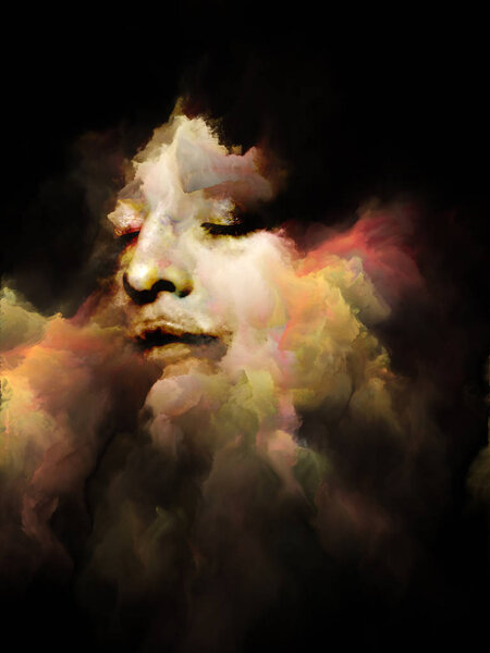 Surreal Dust Portrait series. Abstract design made of fractal smoke and female portrait on the subject of spirituality, imagination and art
