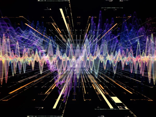 Dalga Fonksiyonu serisi. Ses eşitleyici, müzik spektrumu ve kuantum olasılığının metaforu olarak renkli sinüs titreşimleri, ışık ve fraktal elementlerden oluşan tasarım