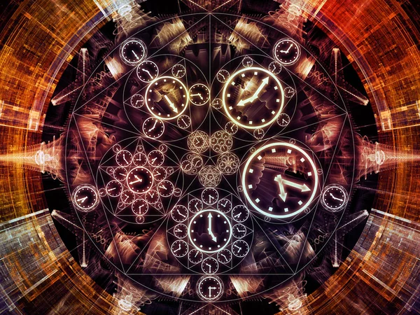 Kreise Von Zeitreihen Zusammensetzung Von Uhrensymbolen Und Fraktalen Elementen Als — Stockfoto