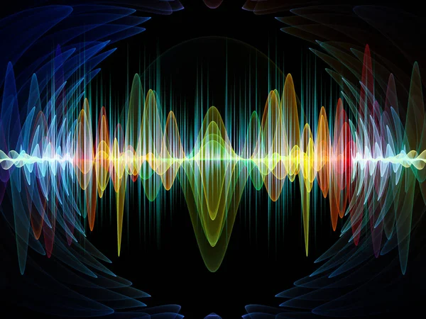 波動関数のシリーズ 色の正弦振動の背景デザイン 音のイコライザーのイラストの光とフラクタルの要素の音楽のスペクトルと量子確率 — ストック写真