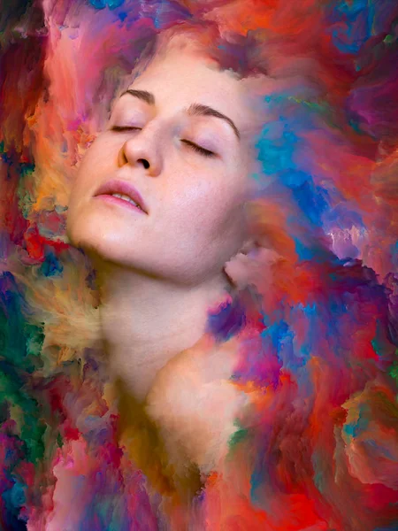 Dünya serisi. Duygular, duygular, iç dünya, yaratıcılık ve hayal gücü konularında kadın portresiyle birleştirilmiş soyut tasarım.