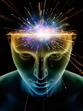 Zihin dizi elemanları. insan kafası ve sembolleri bilim, eğitim ve zihin gücü konusunda teknolojinin 3D çizimi